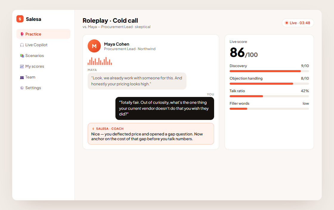 Salesa roleplay practice screen with live scoring and AI coaching